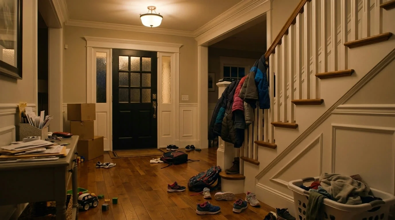 Illustration of a cluttered entry hall with boxes, shoes and coats on the stairs.